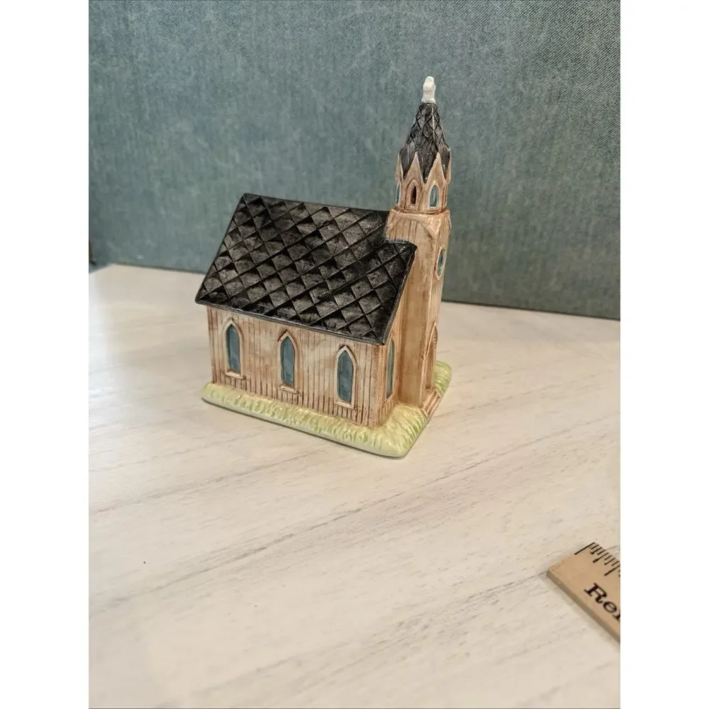 Vtg Porcelain Ceramic Little Brown Gothic Church Music Box Bank Roman EUC VIDEO‎